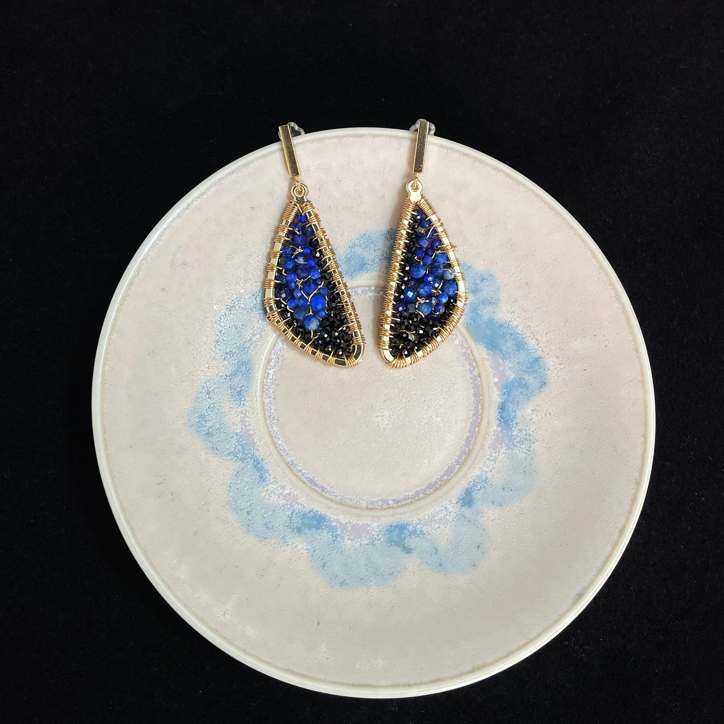 Handcrafted Papilio ulysse Wings Black Spinel and Lapis Lazuli Earrings 