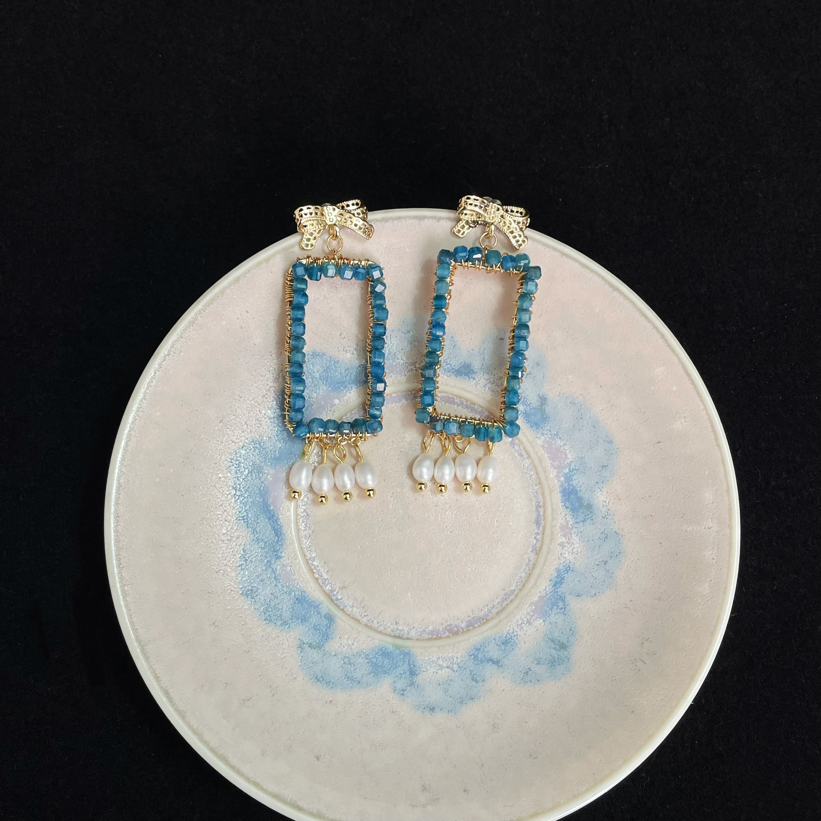 Handcrafted Woven Blue Apatite and Pearls Drop Magic Mirror Earrings