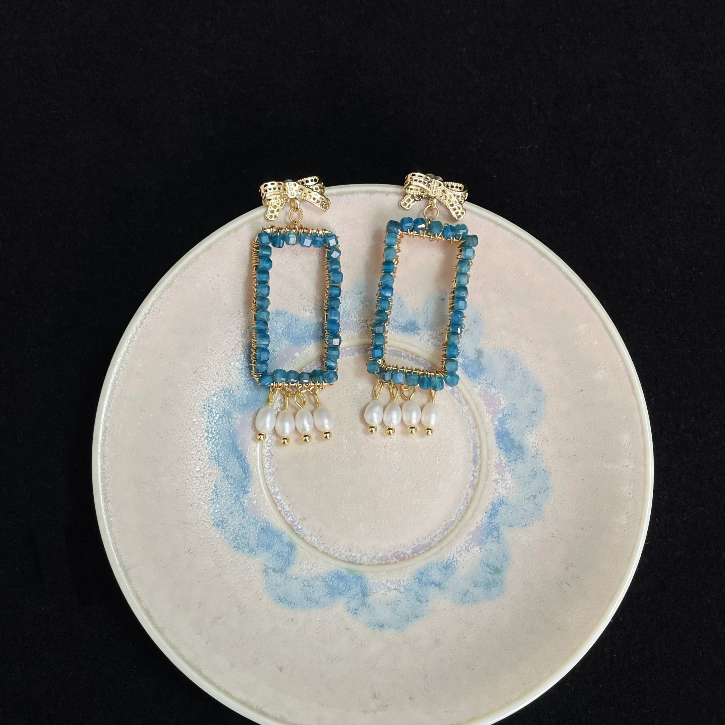 Handcrafted Woven Blue Apatite and Pearls Drop Magic Mirror Earrings