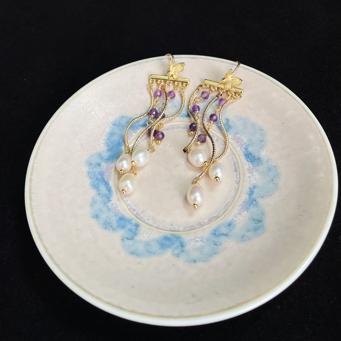 Handcrafted Shining Butterfly with Amethyst and Pearls Tassel Earrings