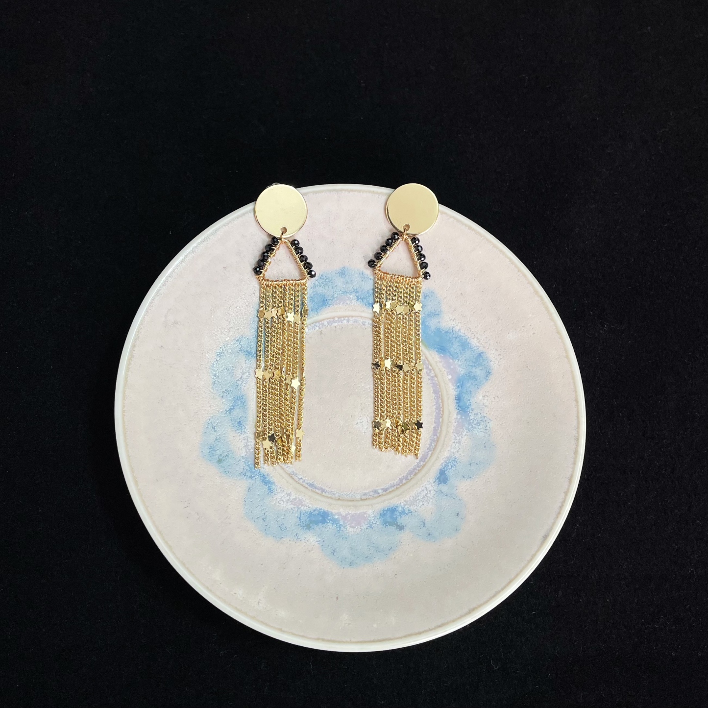 Handcrafted Meteor Shower Black Spinel and Chains tassels Earrings