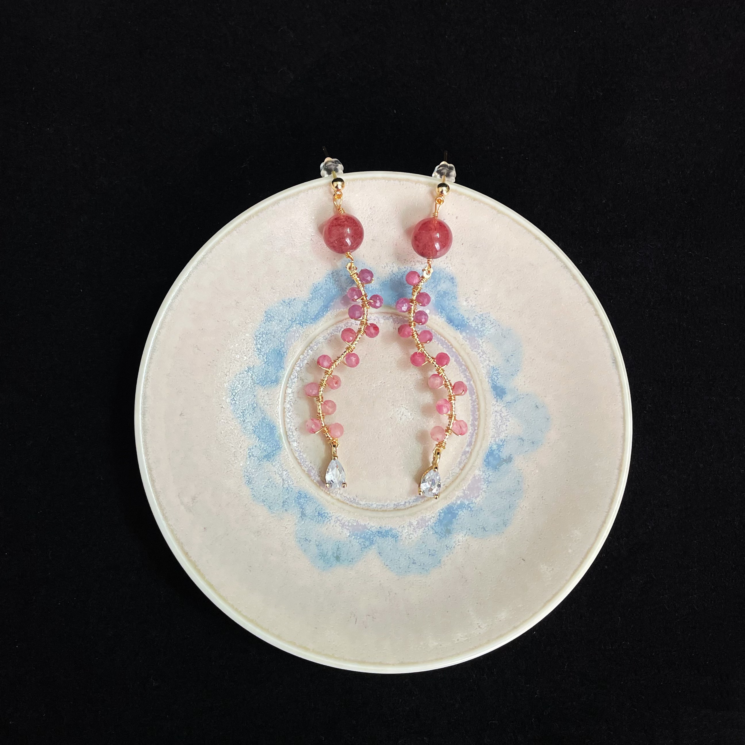 Handcrafted Berry Vine Earrings Made of Strawberry Quartz and Tourmaline