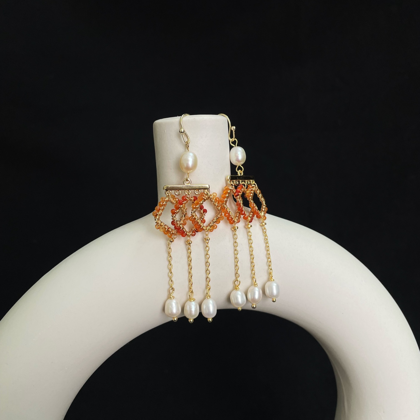 Handcrafted Geometric Red Aventurine and Pearls Drop Elegance Earrings 