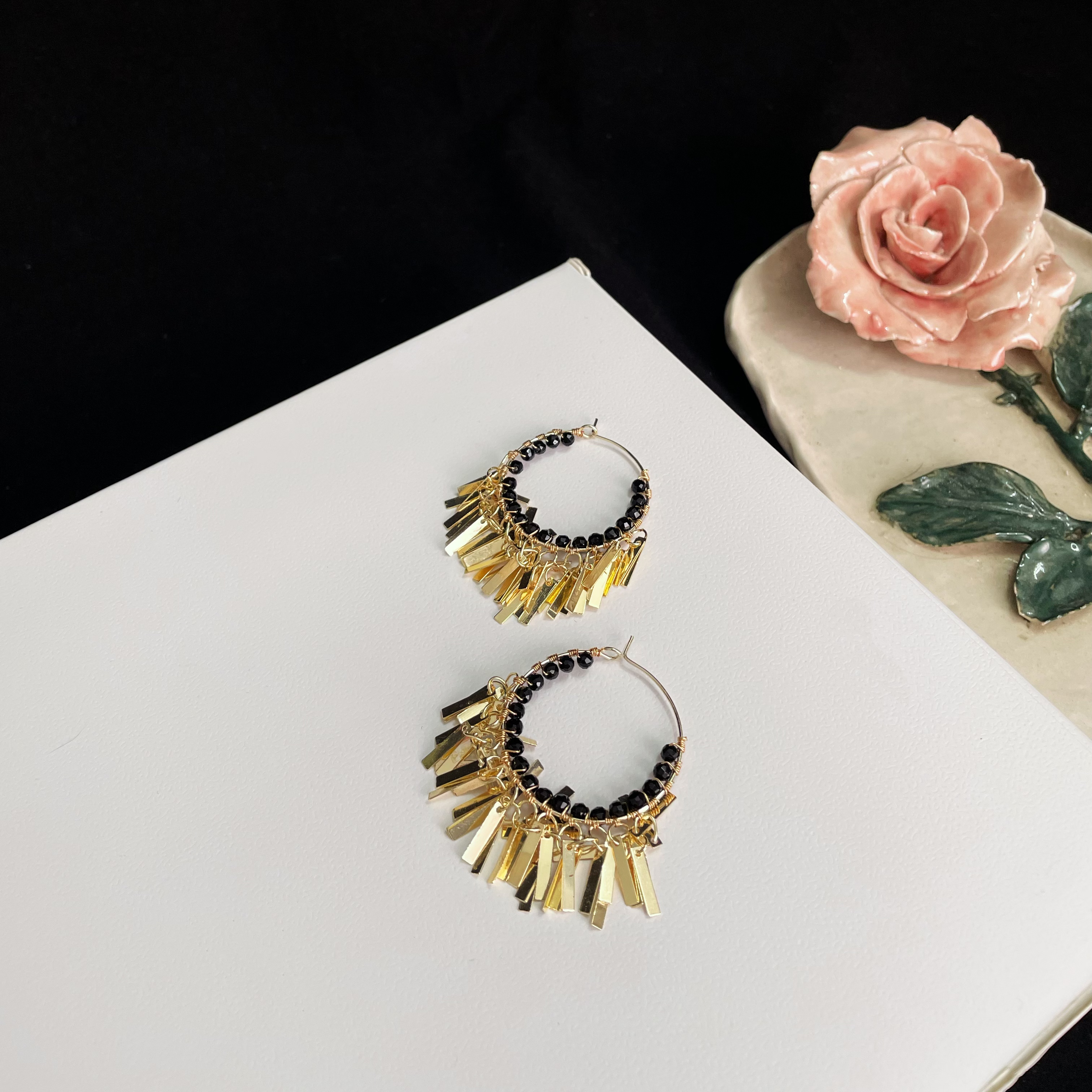 Handcrafted Woven Black Spinel with Golden Tassel Hoop Earrings