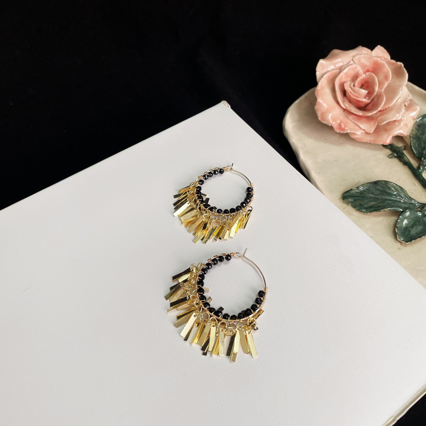 Handcrafted Woven Black Spinel with Golden Tassel Hoop Earrings