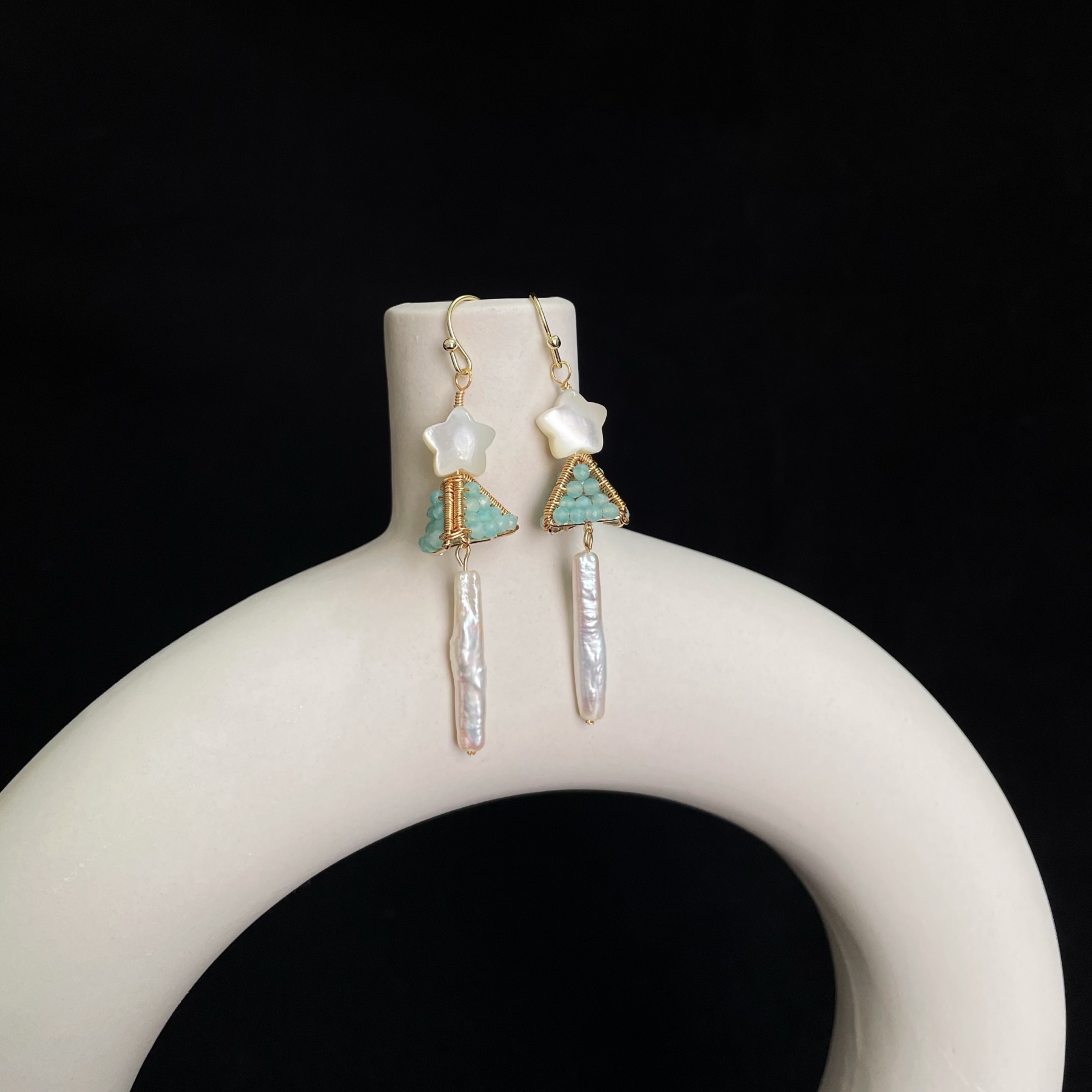 Handcrafted Amazonite Minty Christmas Tree Earrings with Star