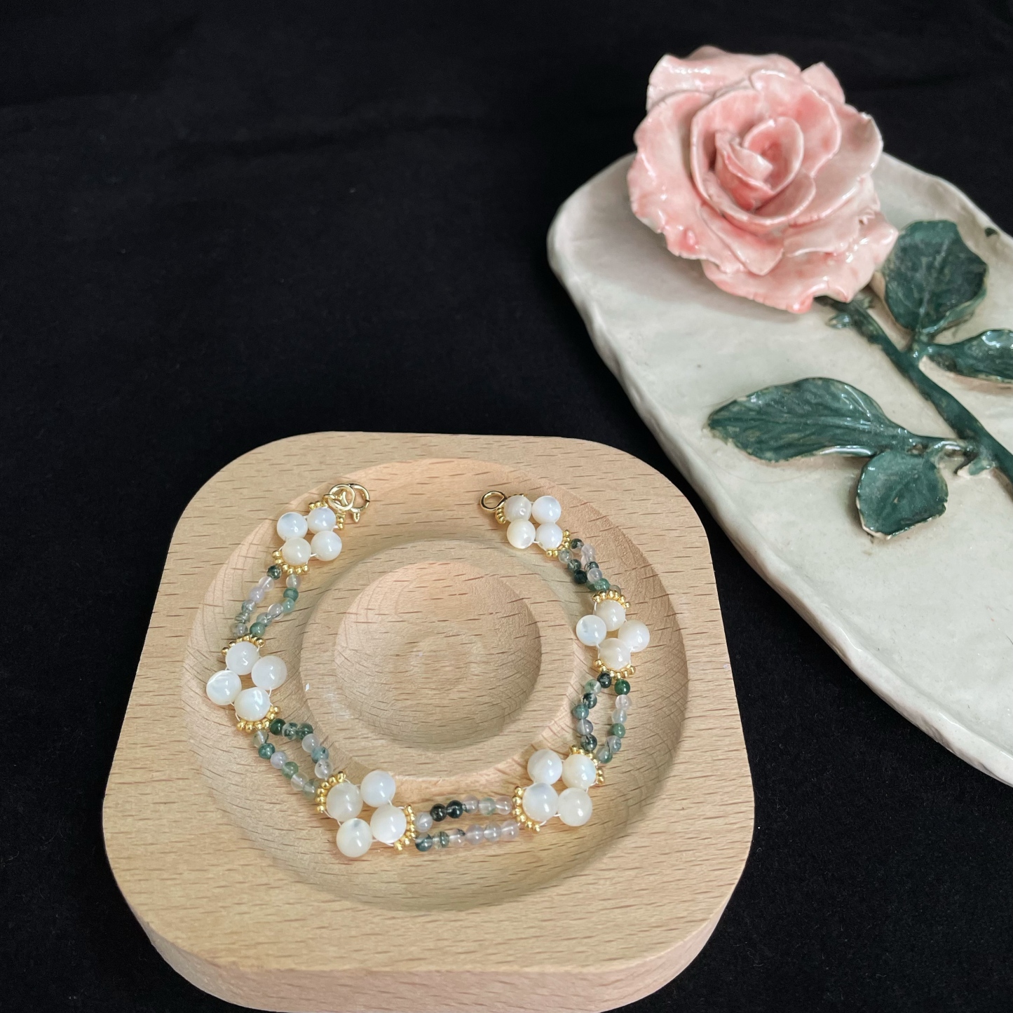 Handcrafted Clover Blossom Bracelet Made of Trochus Shell Beads Moss Agate