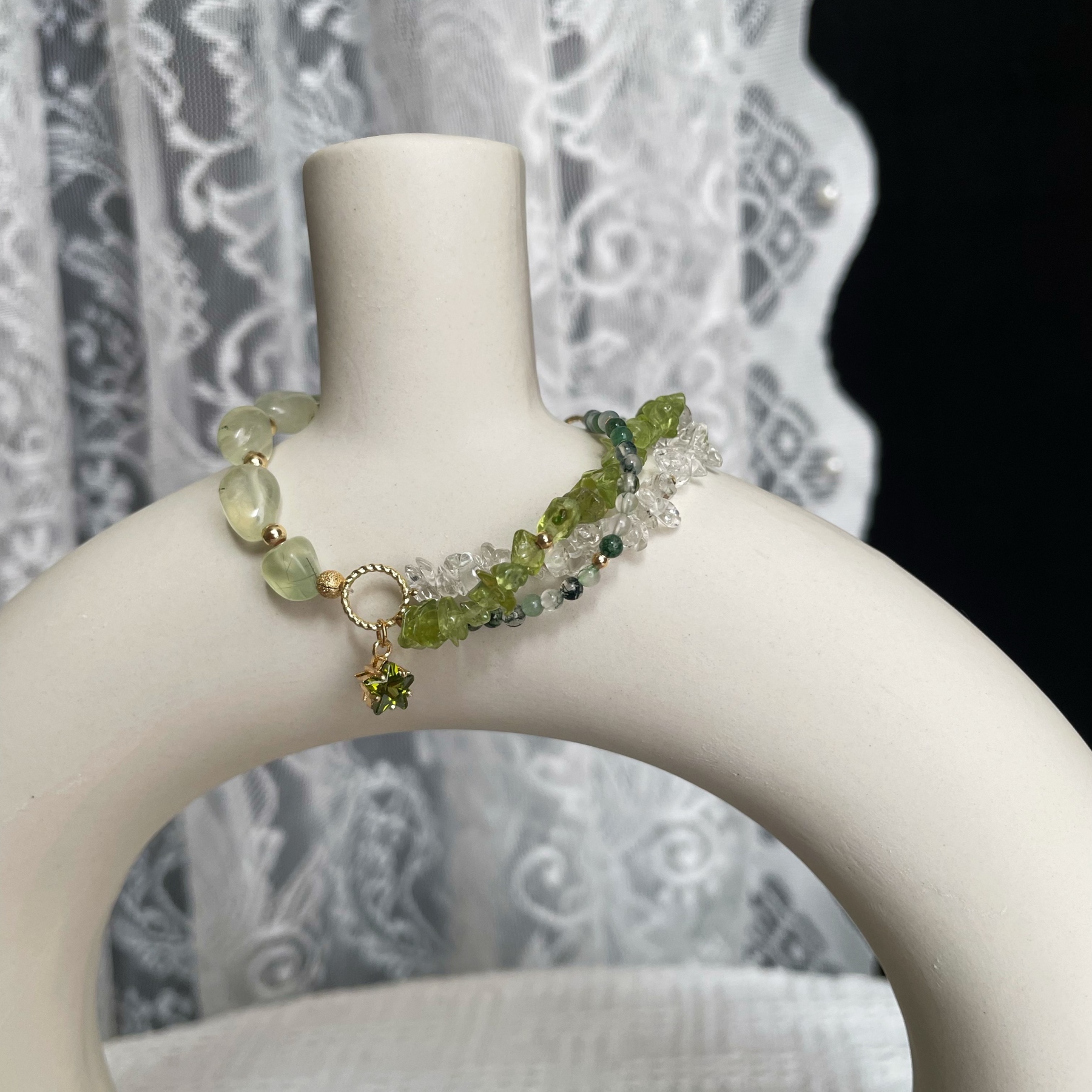 Handmade Forest Star Bracelet Prehnite Peridot Moss Agate and Clear Quartz