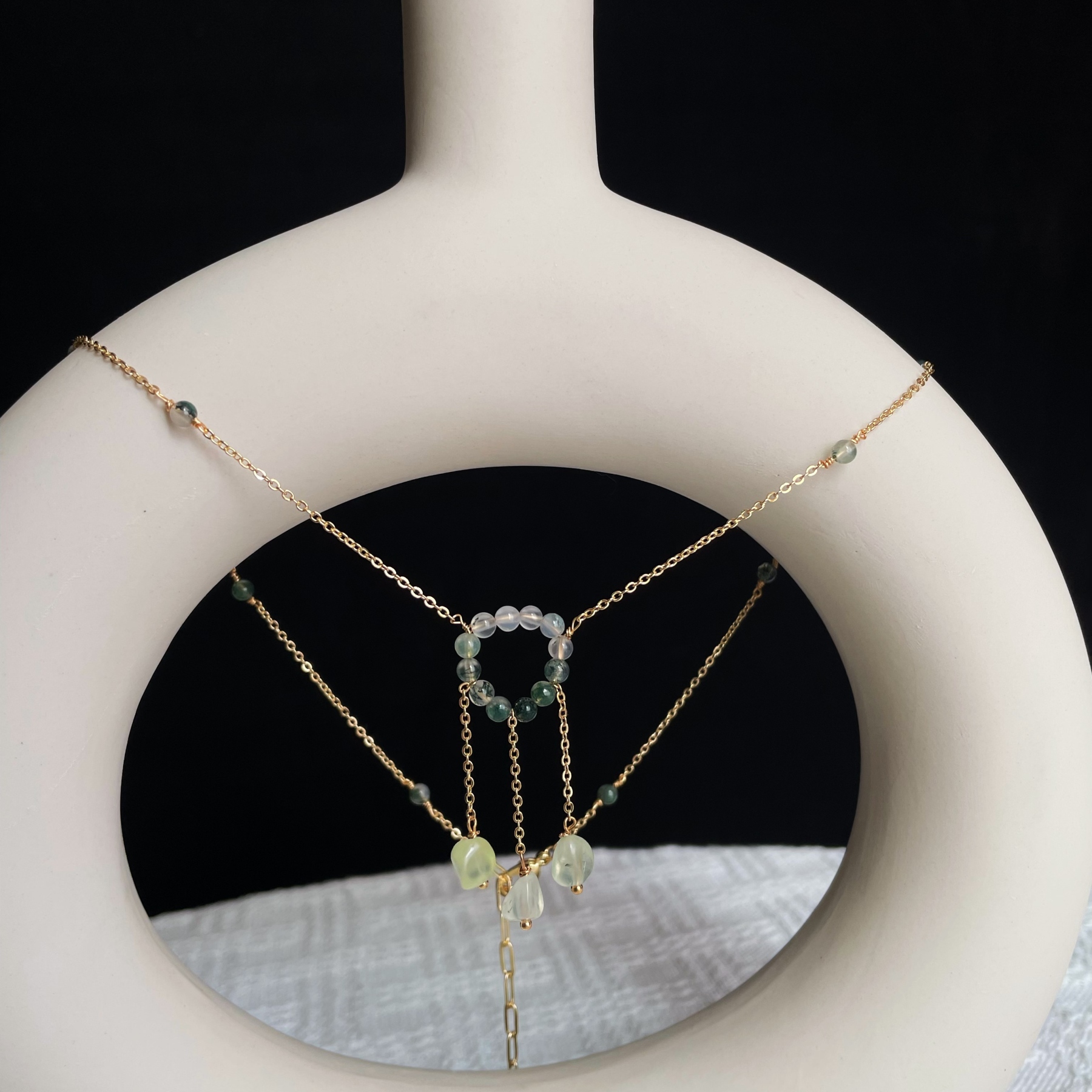 Handmade Whispering Grove Forest Circle Necklace Prehnite and Moss Agate