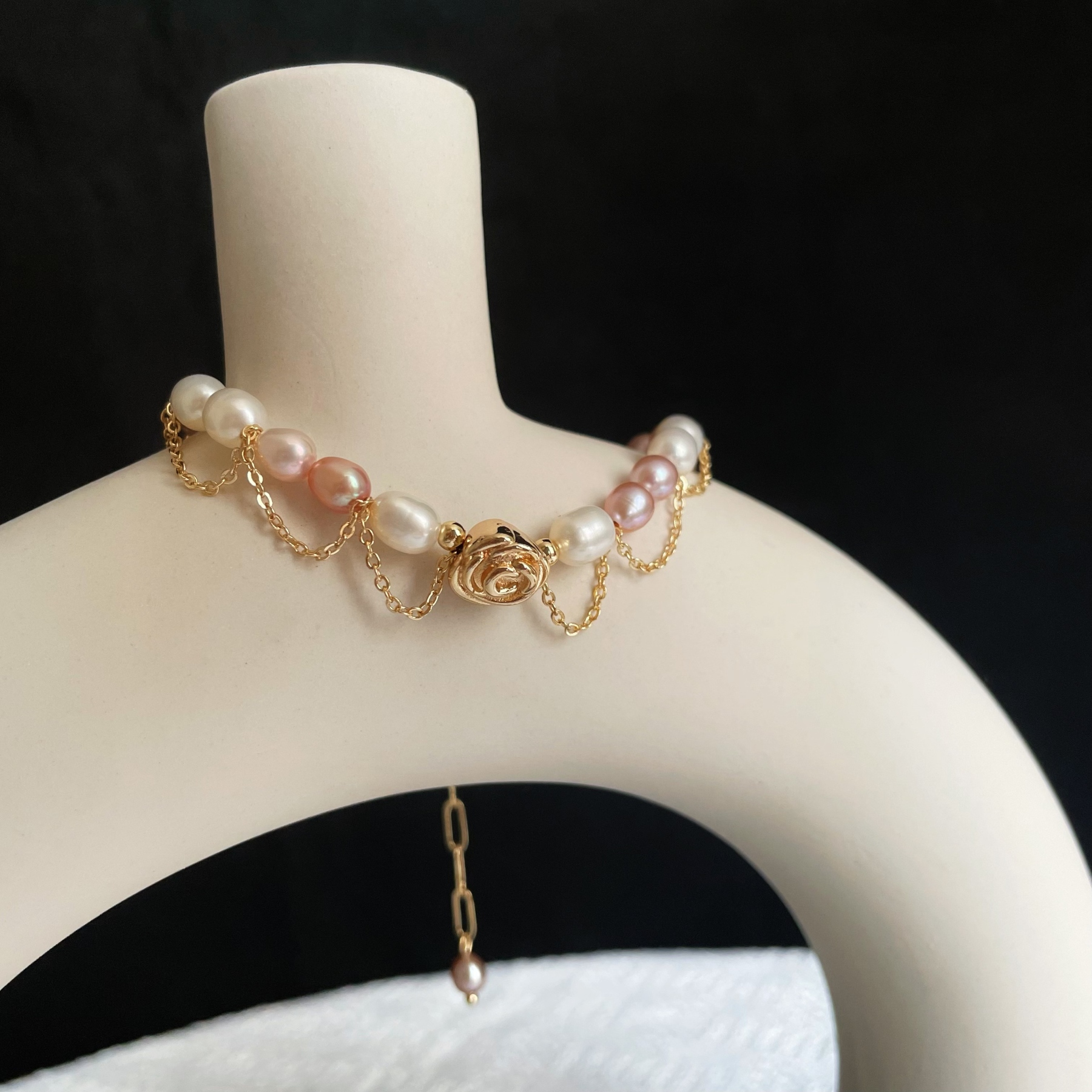 Handmade Elegant White and Purple Freshwater Pearl Bracelet with Rose Accent 