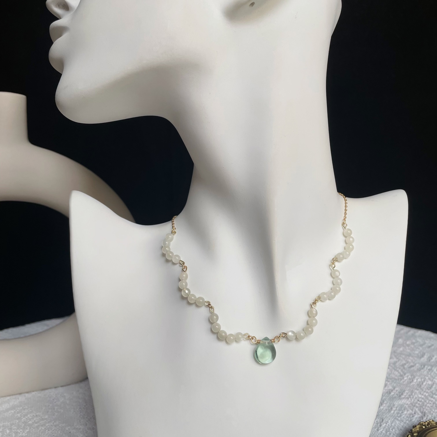 Handmade White Moonstone Blossom with Green Fluorite Teardrop Pendant Necklace