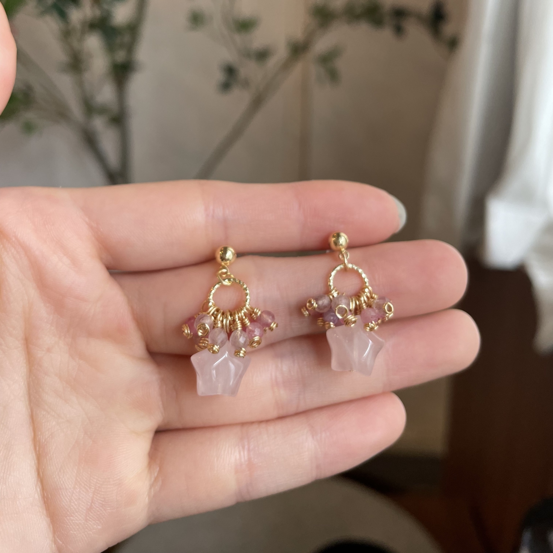 Handmade Rose Nebula Earrings Rose Quartz Star Drop with Pink Tourmaline and Strawberry Quartz Cluster