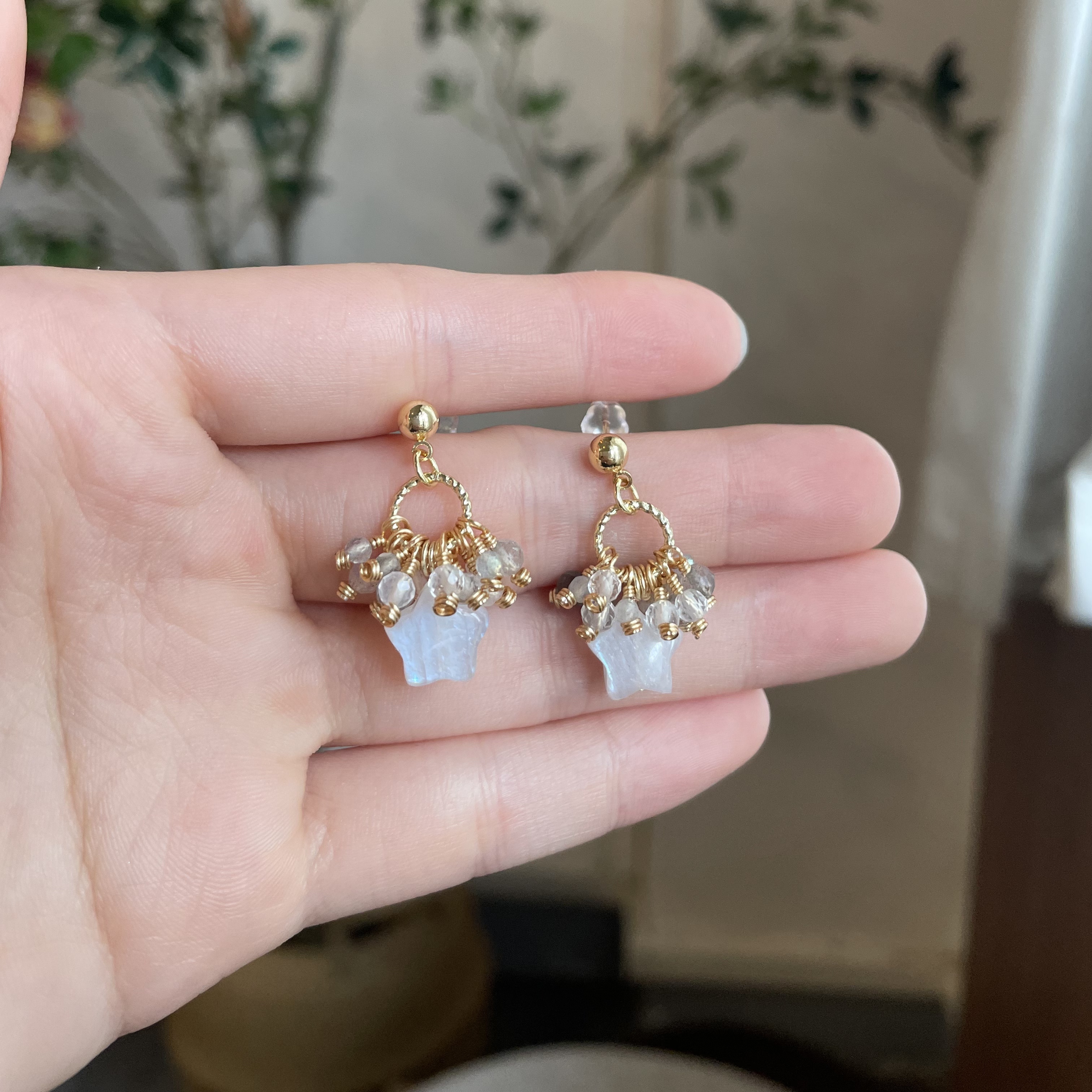 Handmade Moonlight Nebula Earrings Blue Moonstone Star with Clear Quartz and Labradorite Cluster