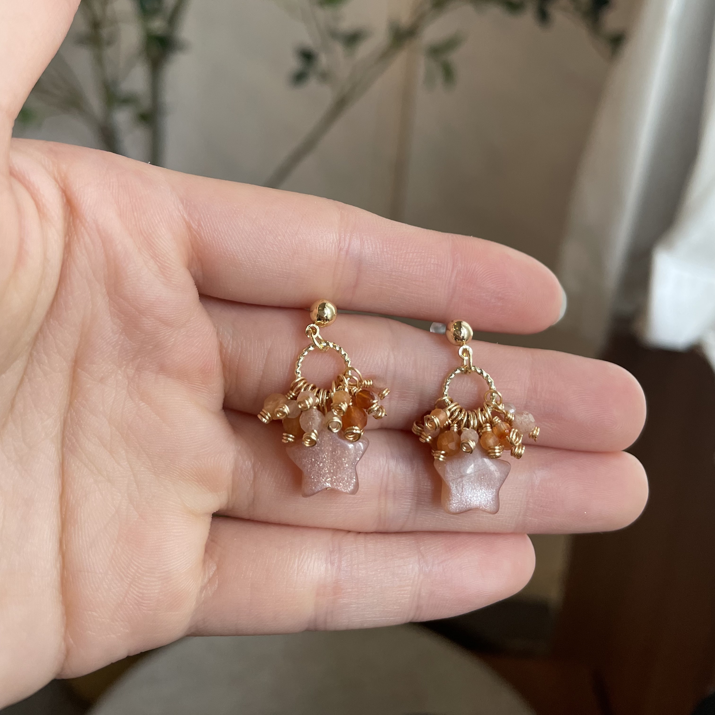 Handmade Amber Nebula Earrings Peach Moonstone Star with Red Aventurine and Red Agate Cluster