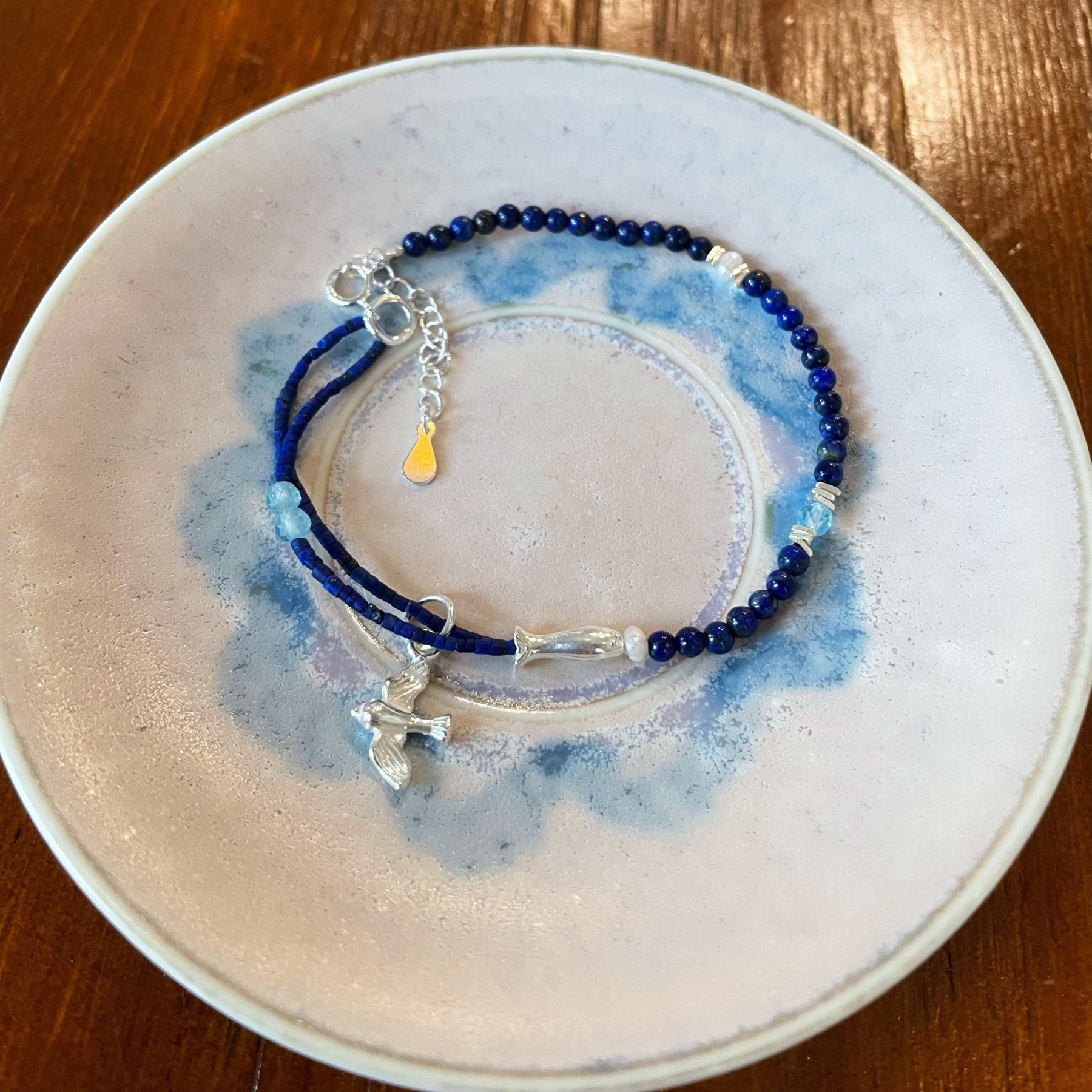 Handmade Lapis Lazuli Blue Apatite and Pearls Bracelet with Sterling Silver Bird and Fish Charms