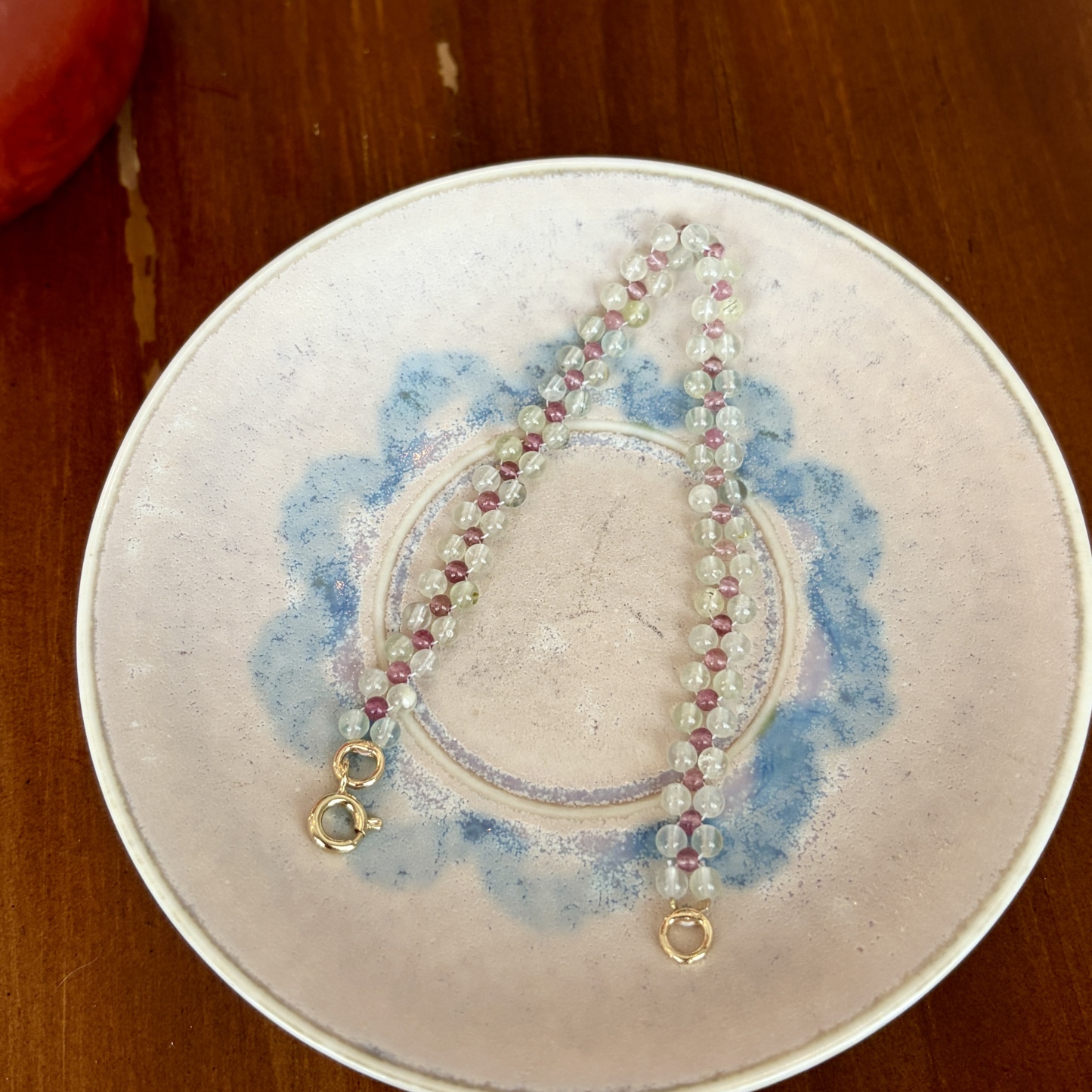 Handmade Prehnite and Pink Tourmaline Beaded Woven Bracelet Custom Size