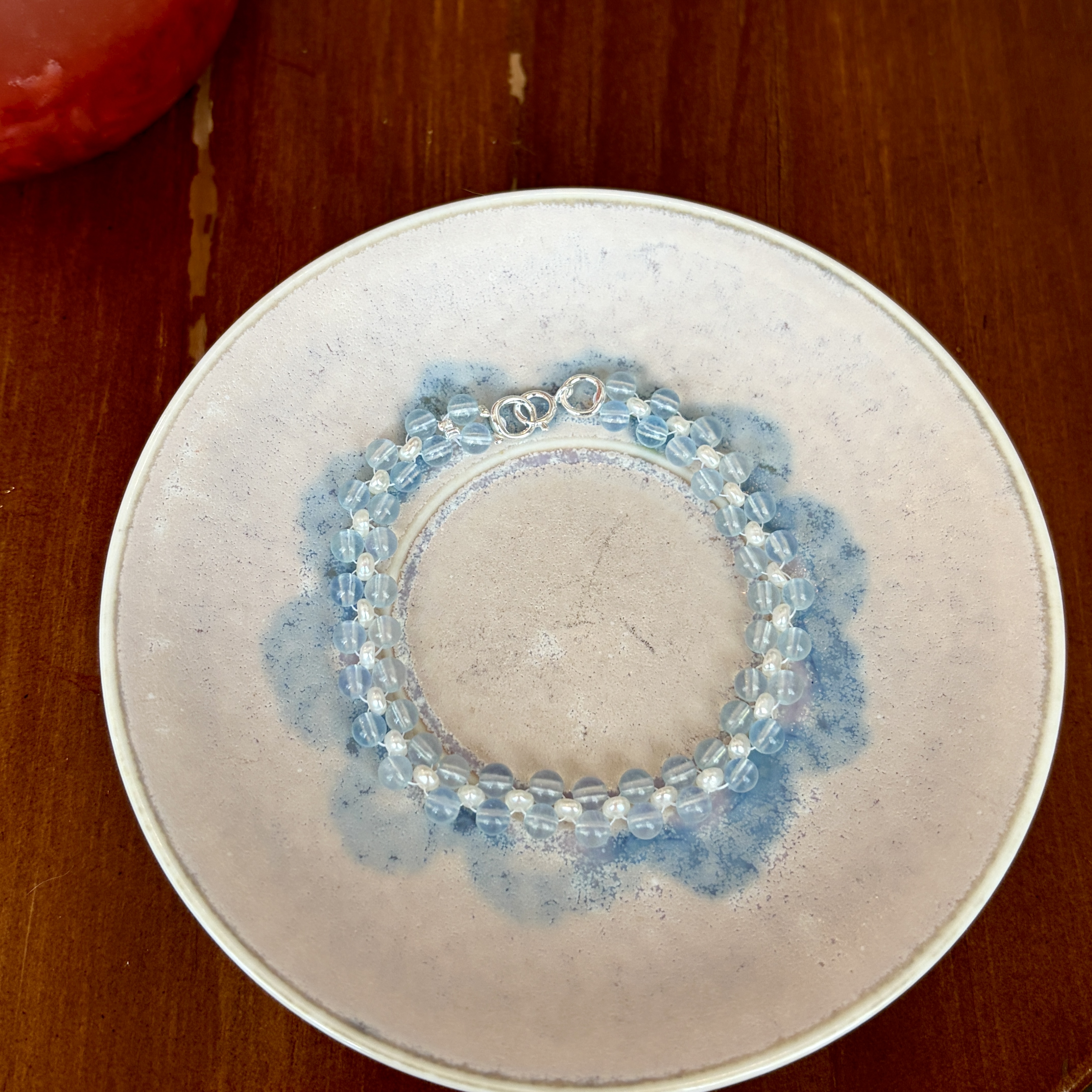 Handmade Aquamarine and Freshwater Pearl Woven Bracelet Minimalist Layered Jewelry Custom Size