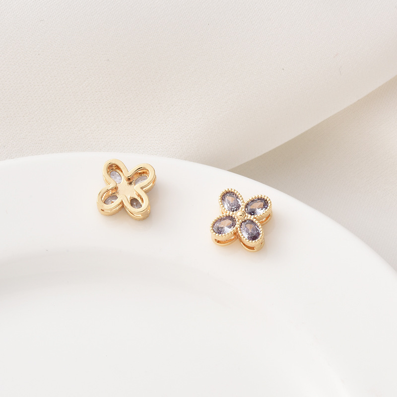 9mm Colored Zircon Inlaid Four-Leaf Double Row Spacer Bead