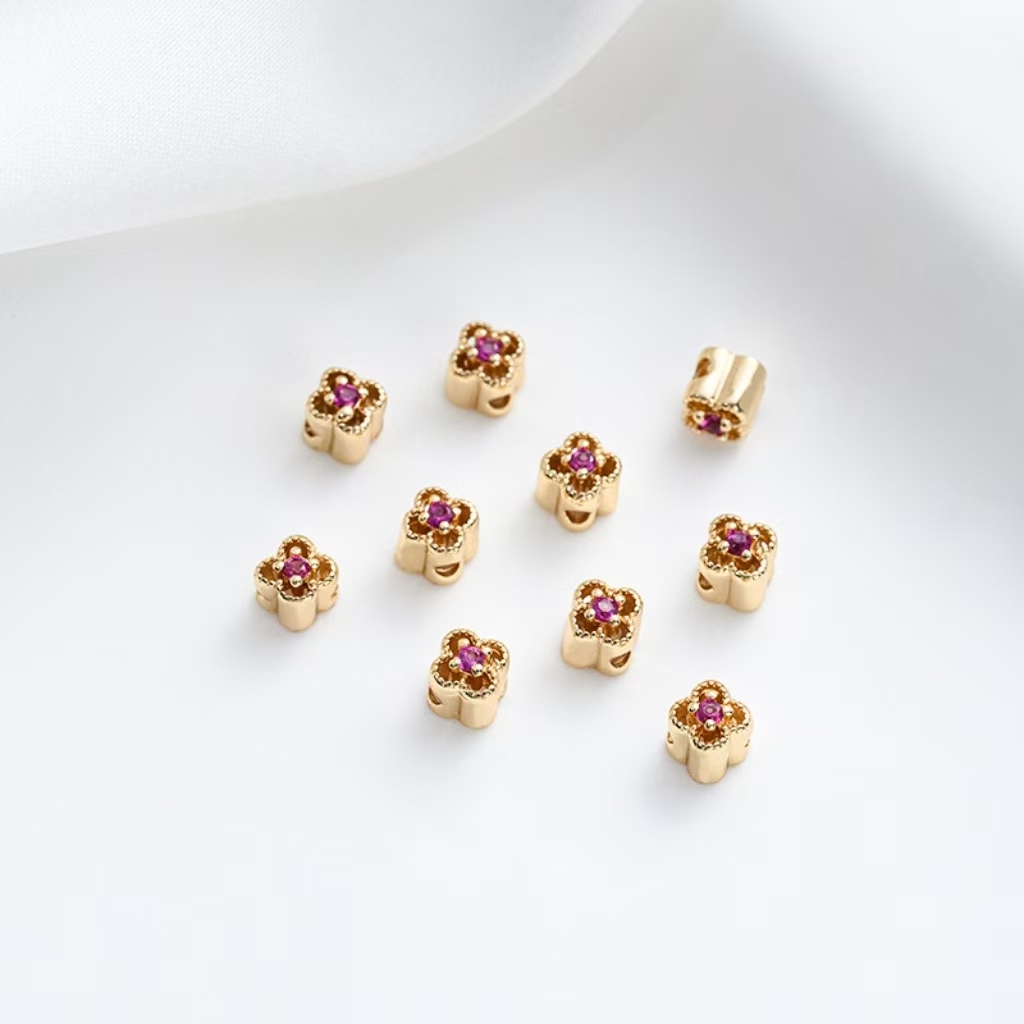 Colored Zircon Inlaid 14k Gold Plated Lace Hollow Four-Leaf Clovers Spacer Bead 4mm 