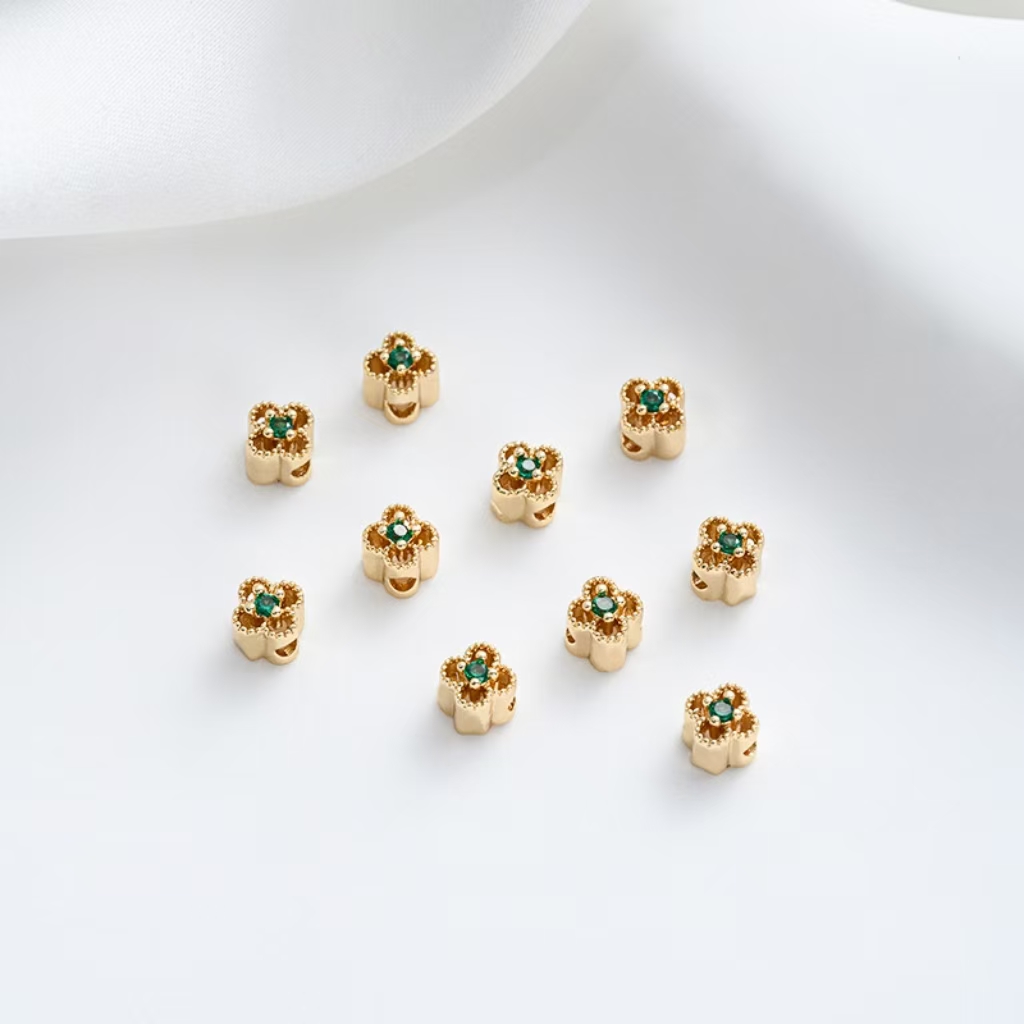 Colored Zircon Inlaid 14k Gold Plated Lace Hollow Four-Leaf Clovers Spacer Bead 4mm 