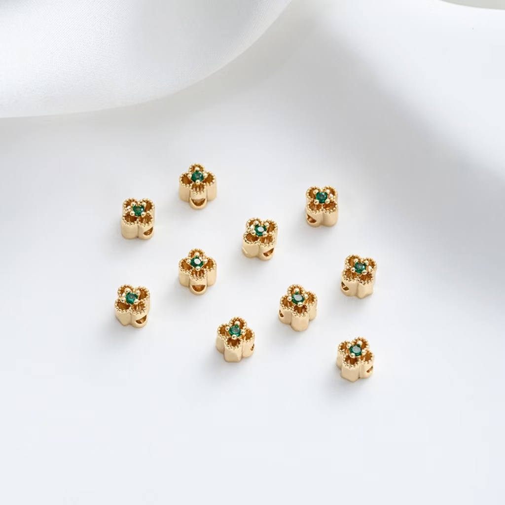 Colored Zircon Inlaid 14k Gold Plated Lace Hollow Four-Leaf Clovers Spacer Bead 4mm 