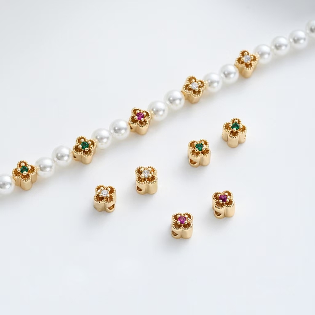 Colored Zircon Inlaid 14k Gold Plated Lace Hollow Four-Leaf Clovers Spacer Bead 4mm 