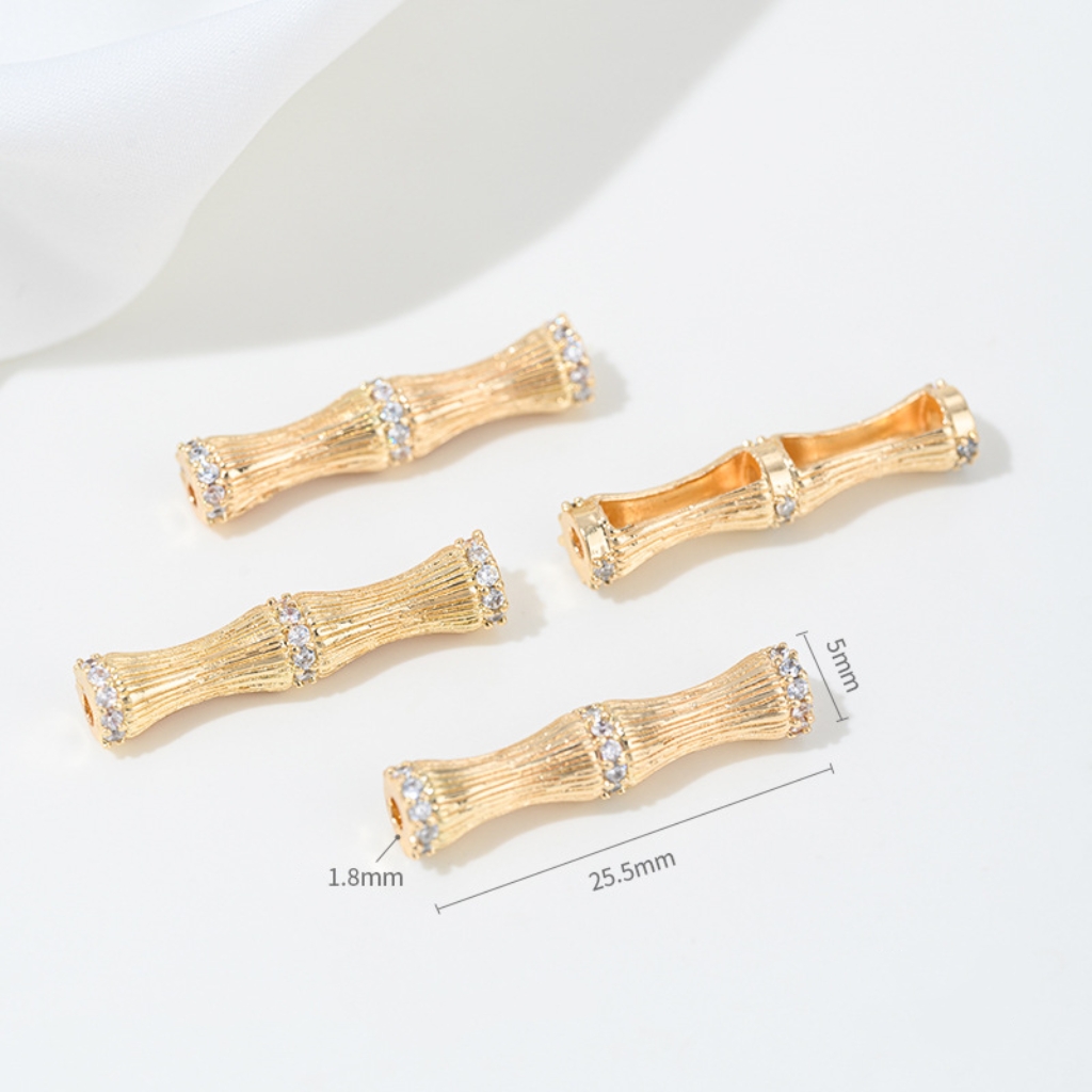 Gold Plated Cubic Zirconia Inlaid Bamboo Tube Spacer Beads Connector