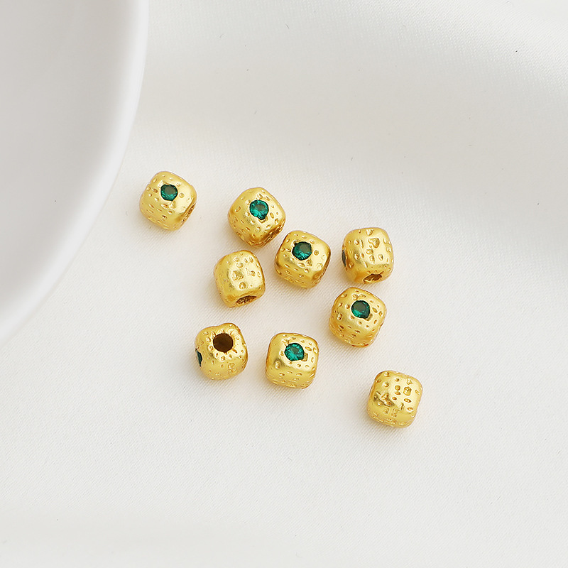 Gold Plated Pitted Cube Spacer Bead Inlaid with Colored Zircon