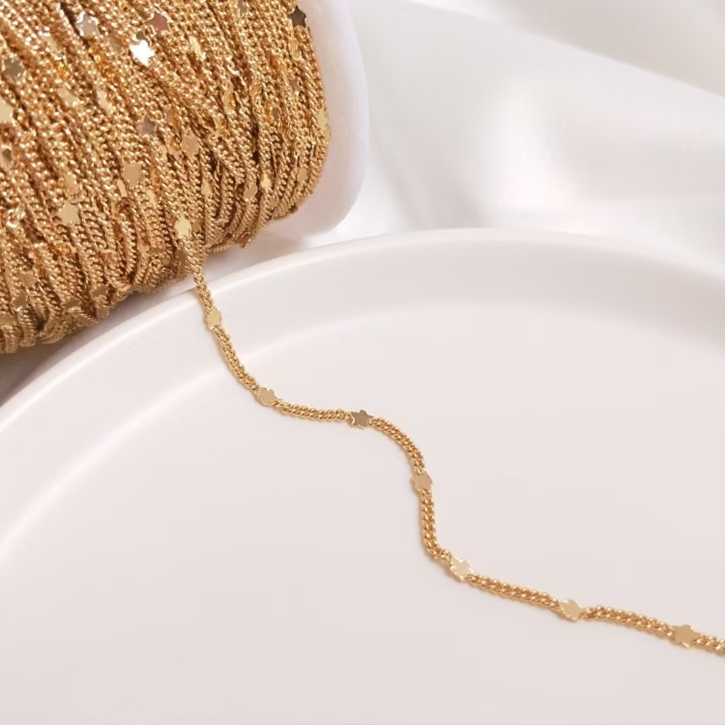 Gold Plated 1.5mm Curb Satellite Chain with Star Flower Heart Flat sheet Decor 1 Meter