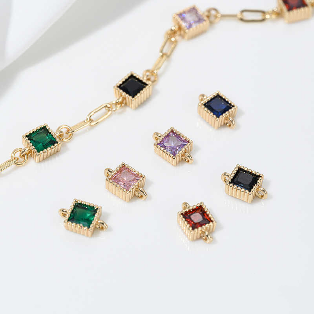 5mm Colored Zirconia Inlaid 14k Gold Plated Square Dual Hanging Rings Charms