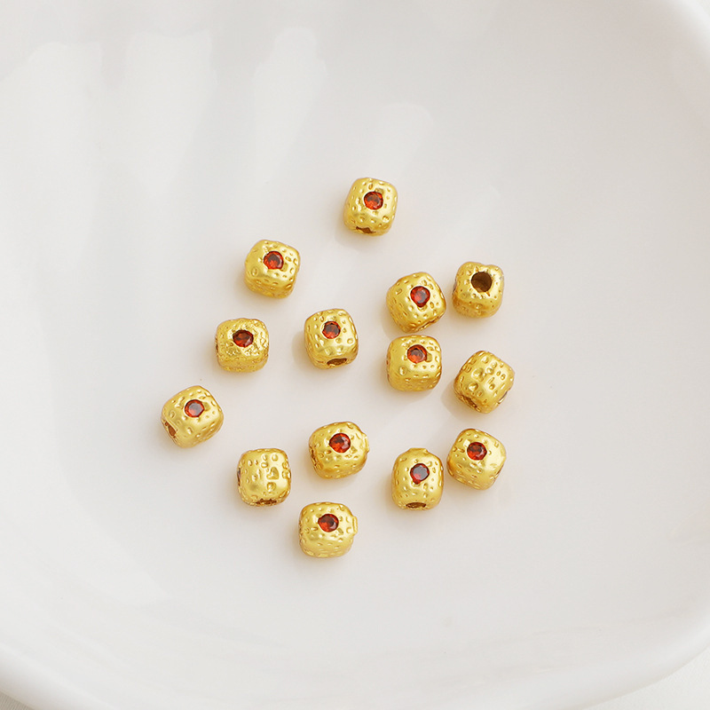 Gold Plated Pitted Cube Spacer Bead Inlaid with Colored Zircon