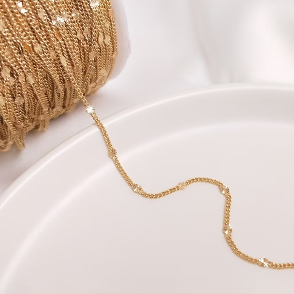 Gold Plated 1.5mm Curb Satellite Chain with Star Flower Heart Flat sheet Decor 1 Meter