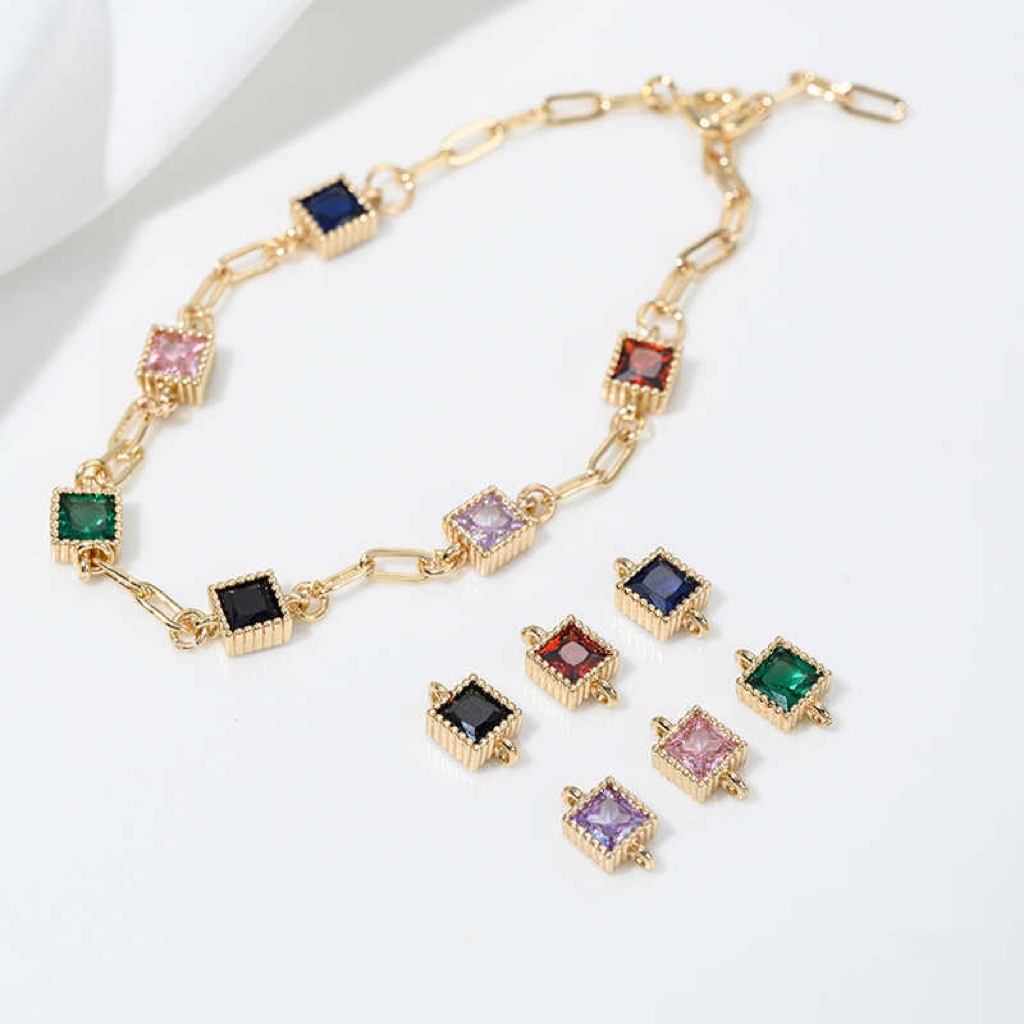 5mm Colored Zirconia Inlaid 14k Gold Plated Square Dual Hanging Rings Charms