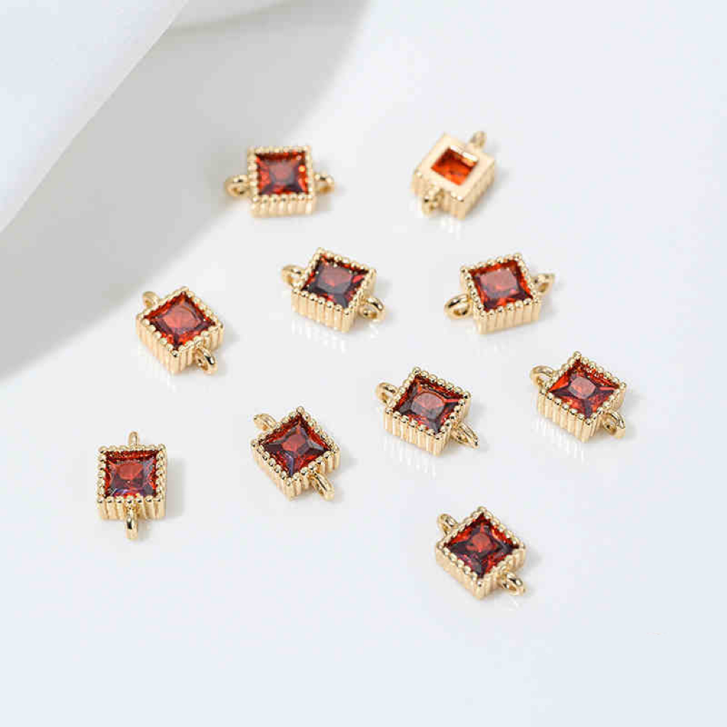 5mm Colored Zirconia Inlaid 14k Gold Plated Square Dual Hanging Rings Charms