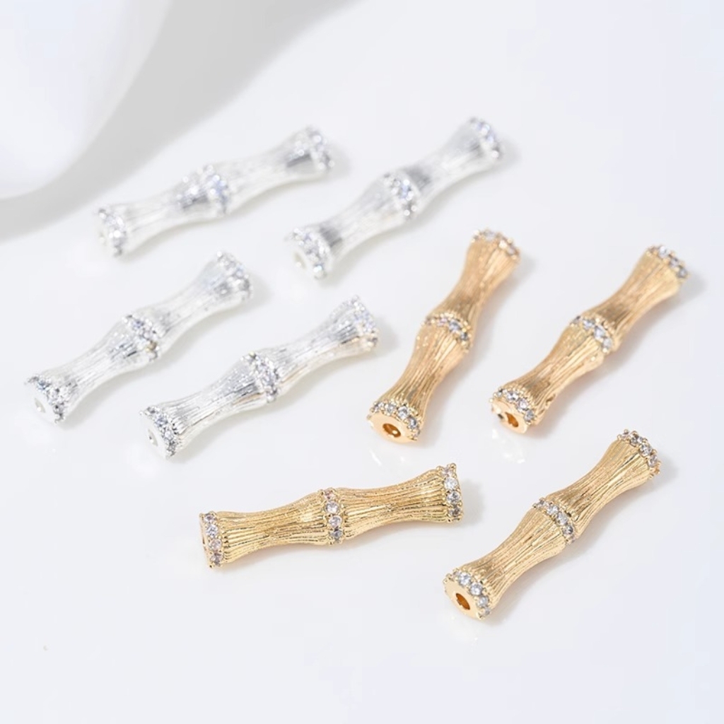 Gold Plated Cubic Zirconia Inlaid Bamboo Tube Spacer Beads Connector