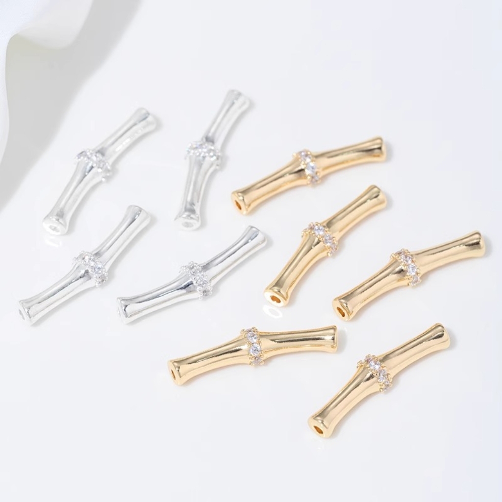 Gold Plated Cubic Zirconia Inlaid Bamboo Tube Spacer Beads Connector