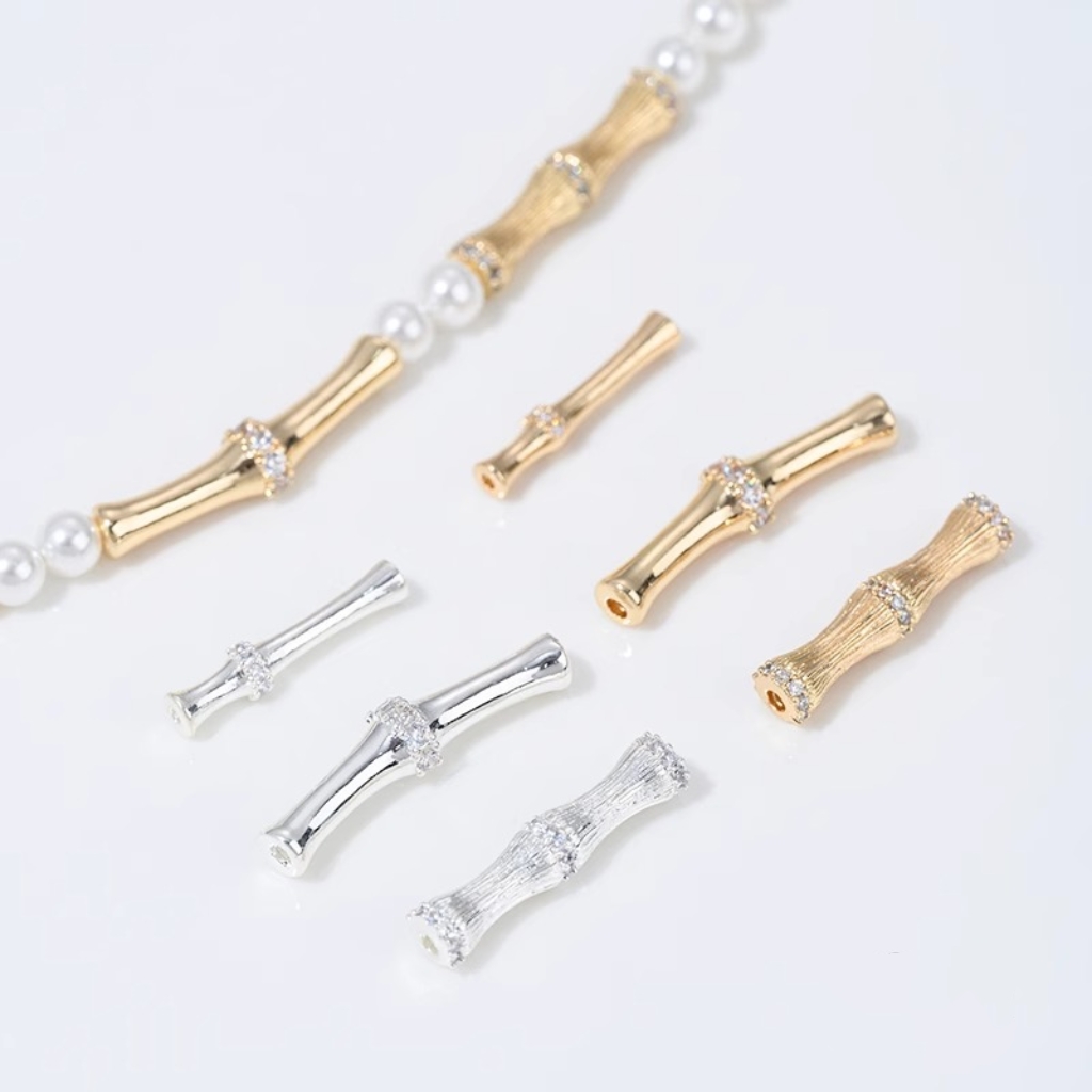 Gold Plated Cubic Zirconia Inlaid Bamboo Tube Spacer Beads Connector