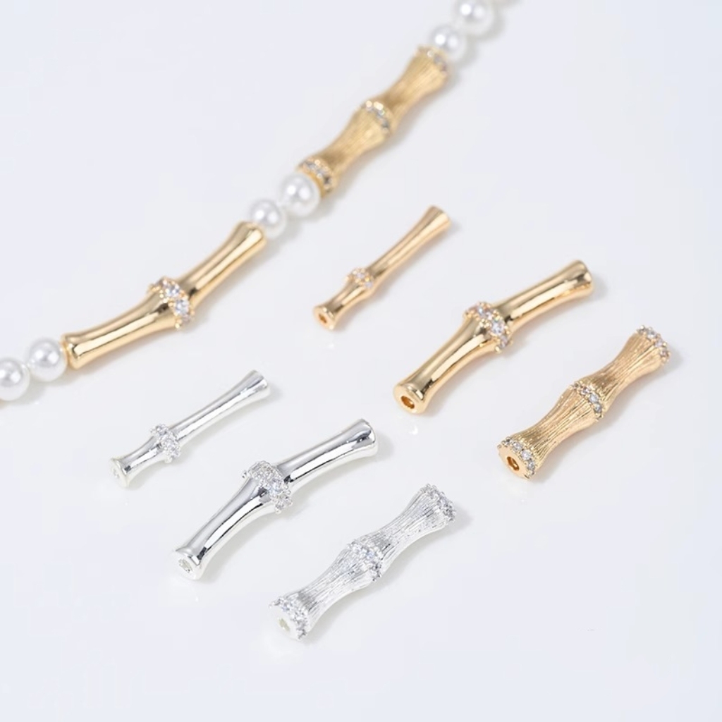 Gold Plated Cubic Zirconia Inlaid Bamboo Tube Spacer Beads Connector