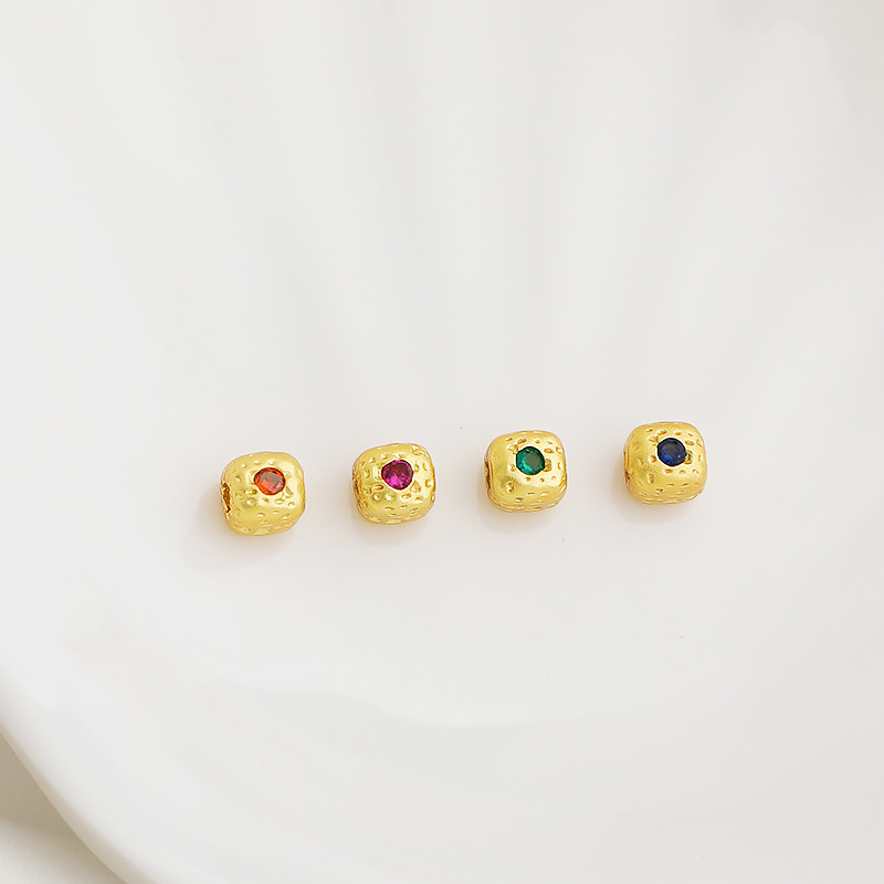 Gold Plated Pitted Cube Spacer Bead Inlaid with Colored Zircon