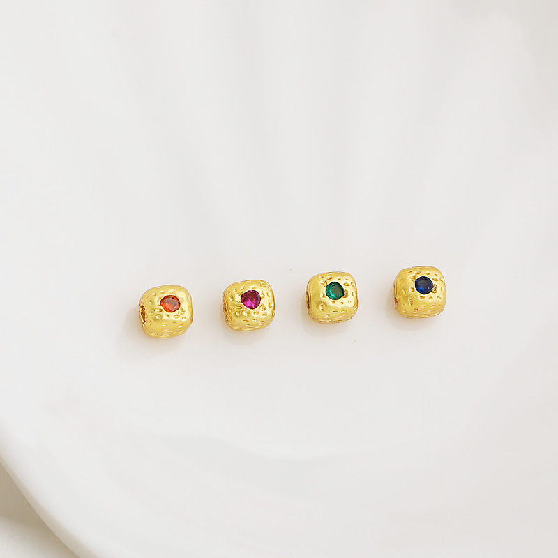 Gold Plated Pitted Cube Spacer Bead Inlaid with Colored Zircon