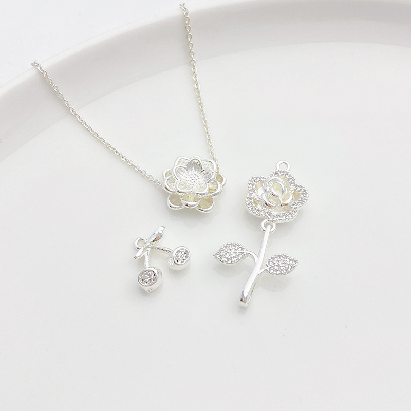 Clear Zircon Inlaid Silver Flower Charm Pendant for Jewelry DIY