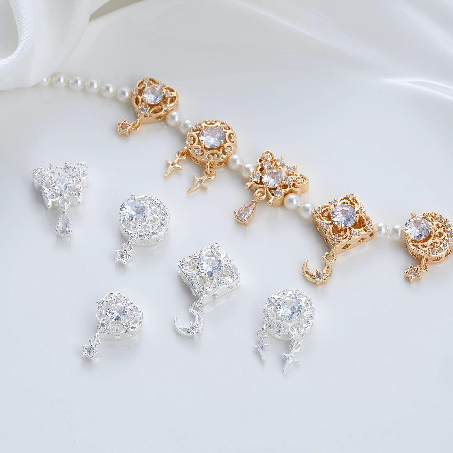 Zirconia Inlaid Gold plated Multi-Holes Spacer Bead with Charms  Moon Star Butterfly Multiple style