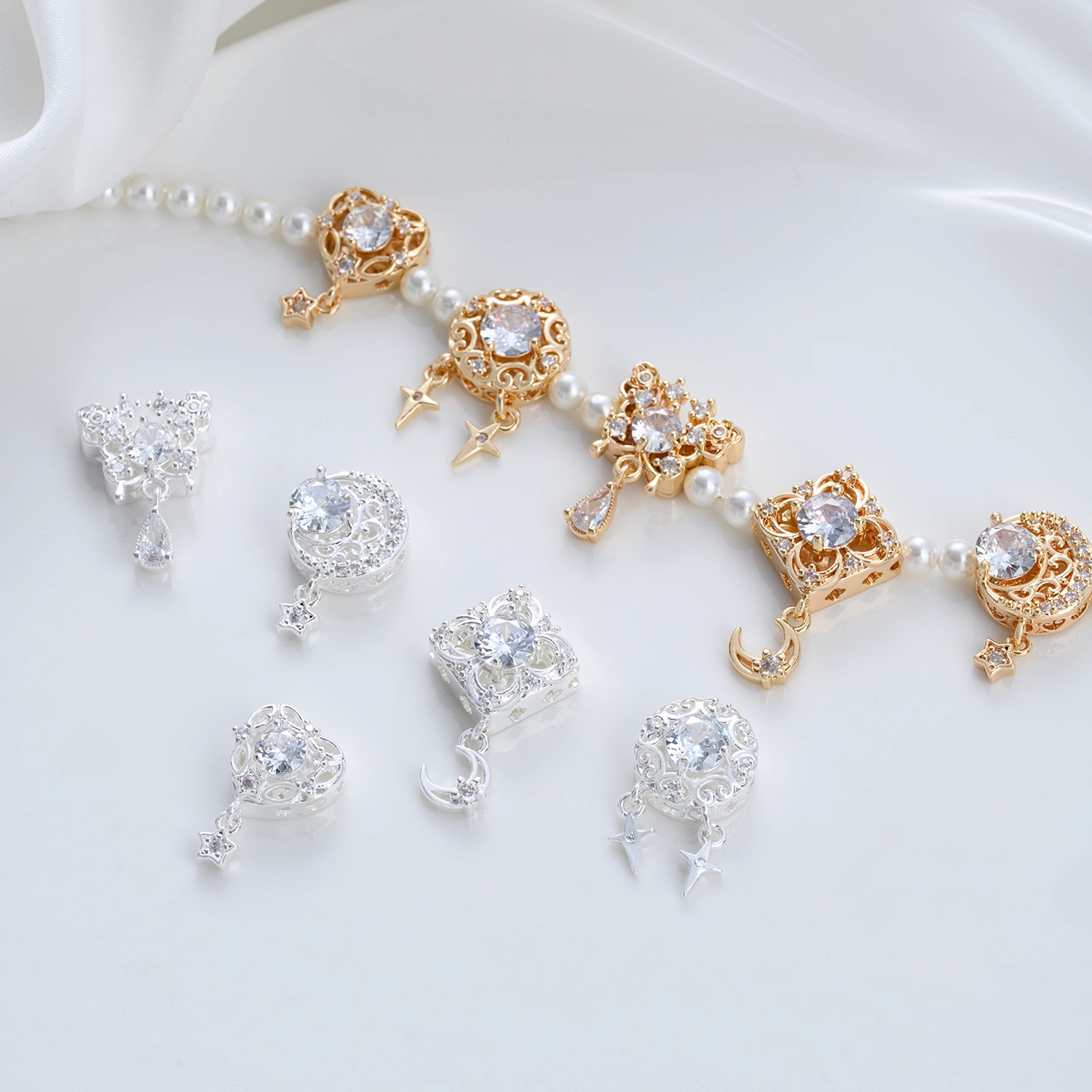 Zirconia Inlaid Gold plated Multi-Holes Spacer Bead with Charms  Moon Star Butterfly Multiple style