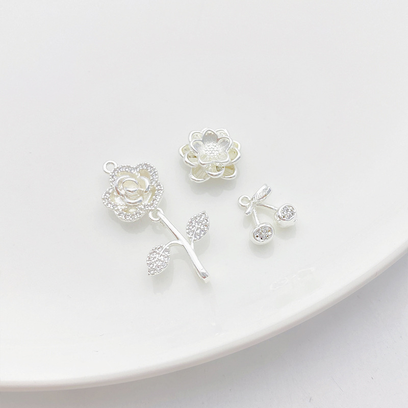 Clear Zircon Inlaid Silver Flower Charm Pendant for Jewelry DIY