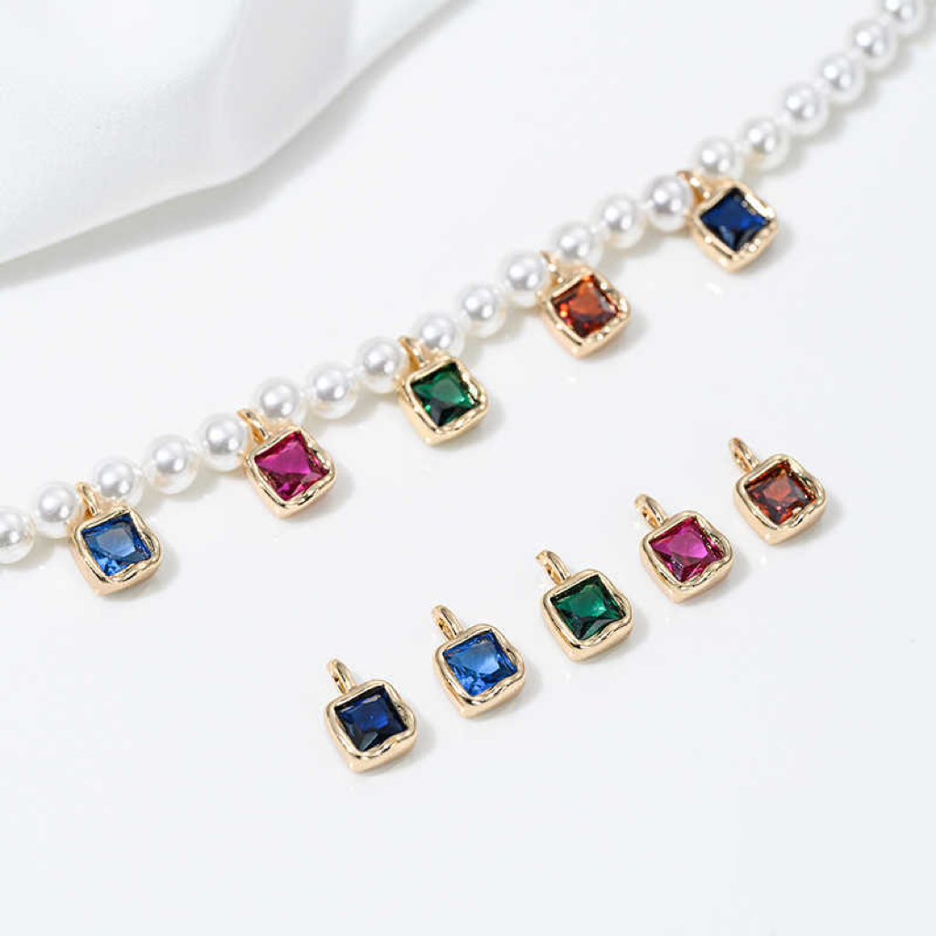 5.8mm Colored Zirconia Inlaid 14k Gold Plated Square with Lava Rim Pendant Jewelry Charms