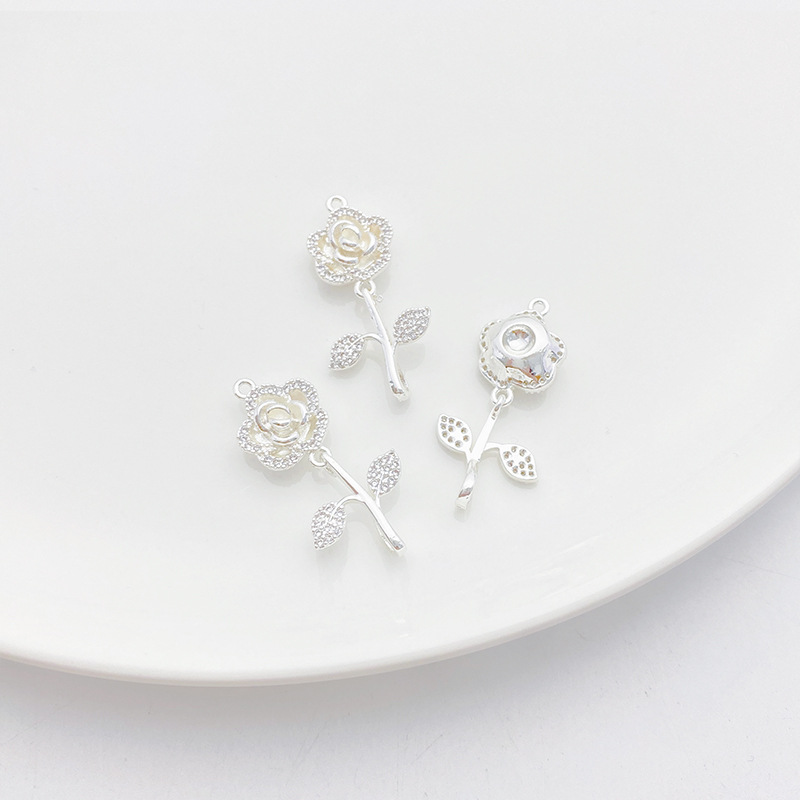 Clear Zircon Inlaid Silver Flower Charm Pendant for Jewelry DIY