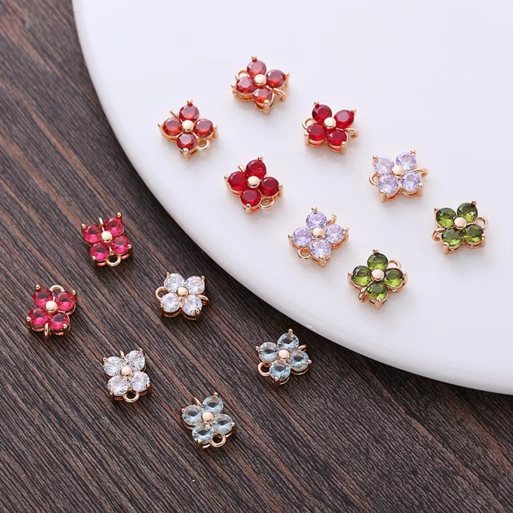 8*8mm Zircon Four-Petals Flower Square Dual Hanging Rings Charm Pendant 