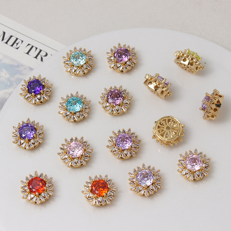 Colorful Rose Cut Zirconia Full Inlaid Snowflake Spacer Bead Multiple Holes