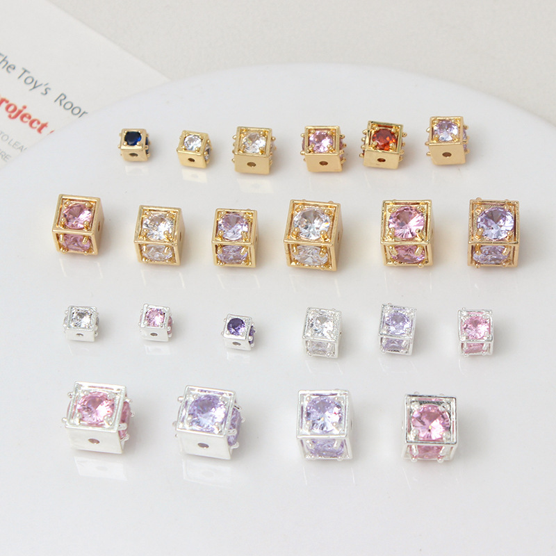 Cubic Zirconia Inlaid 14k Gold Plated Cube Spacer Bead for Jewelry DIY
