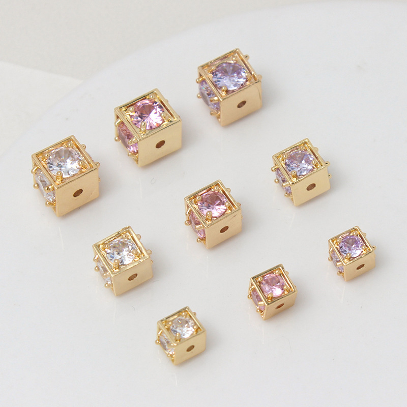 Cubic Zirconia Inlaid 14k Gold Plated Cube Spacer Bead for Jewelry DIY